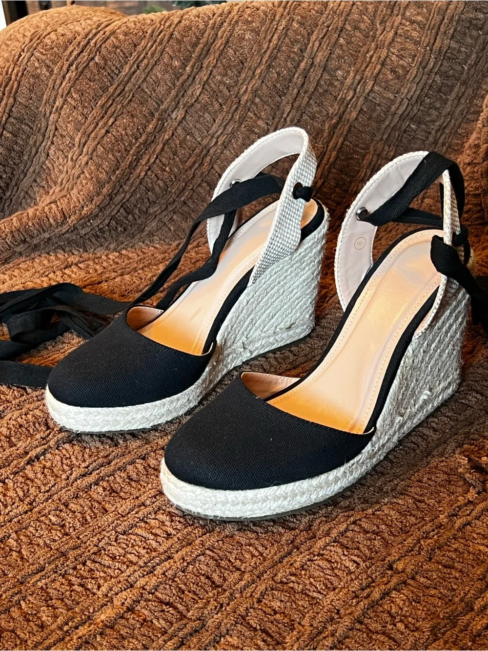 ZBY Black Espadrille Wedge Sandals with Ankle Tie - Women
